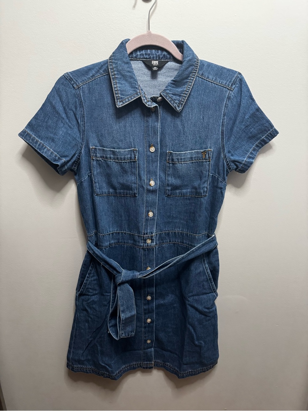NWOT Frye Blue Denim Short-Sleeve Shirt Dress with Tie Waist